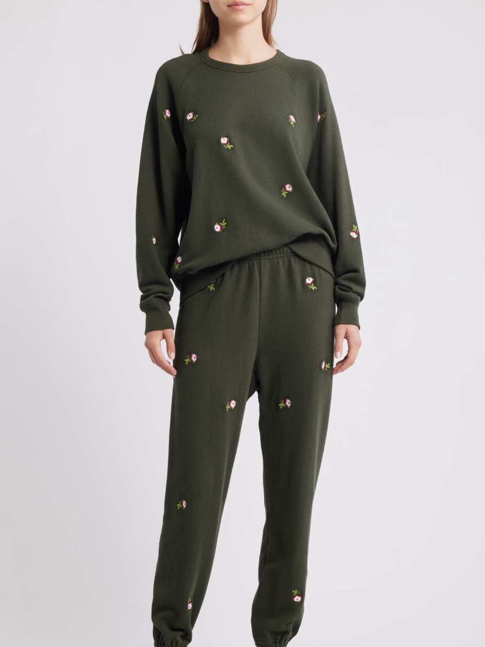 THE GREAT. The College Embroidered Crew Neck Rose Sweatshirt in Woodland Green - Picture 2 of 10